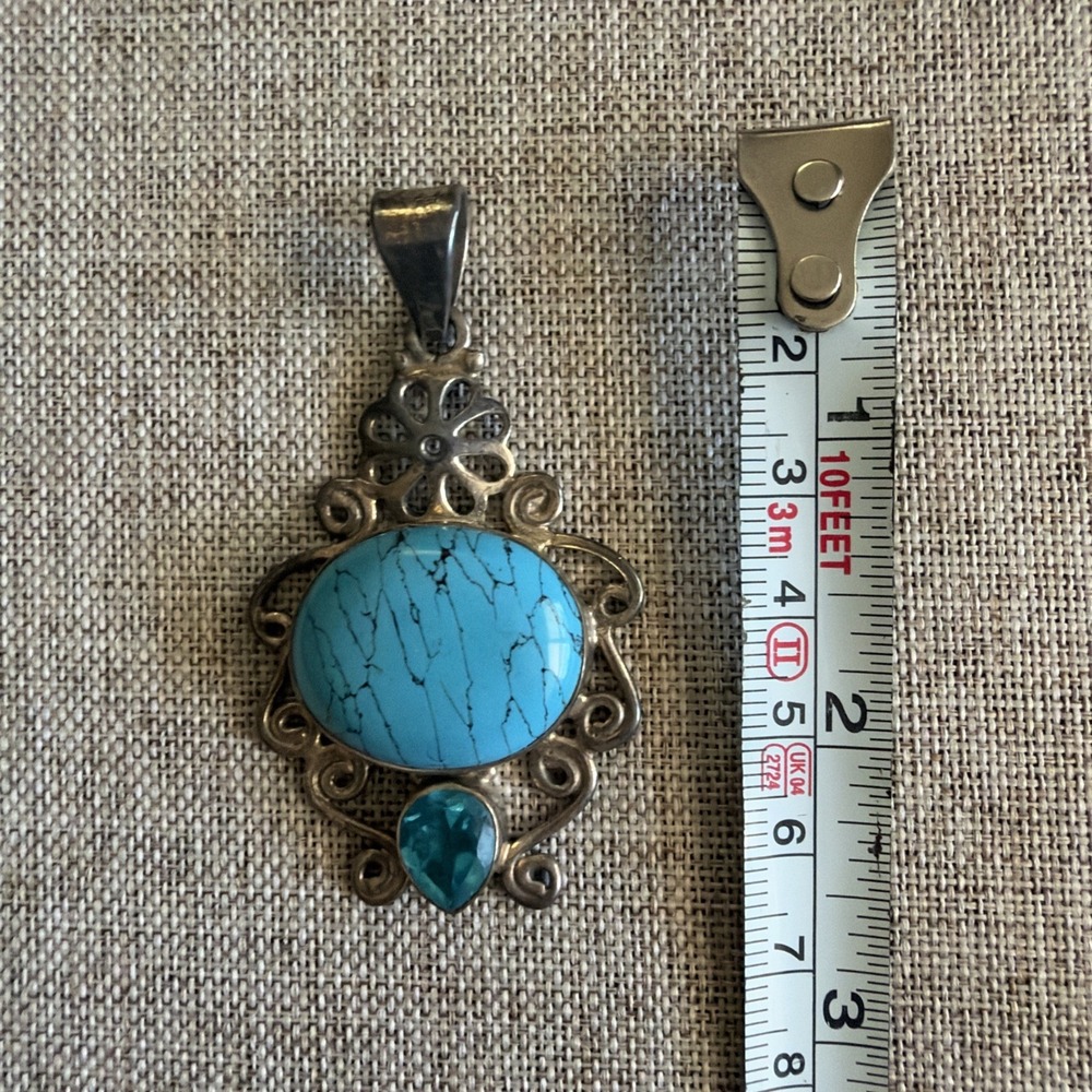 Vintage Native Turquoise Sterling Silver And Blue Topaz Pendant Marked 925 14.5g